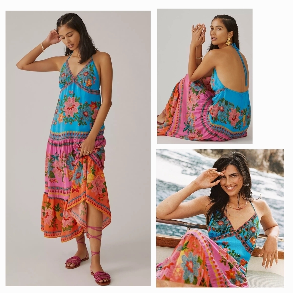 Farm Rio V-Neck Dress Anthropologie Halter‎ Floral Tiered Sundress
